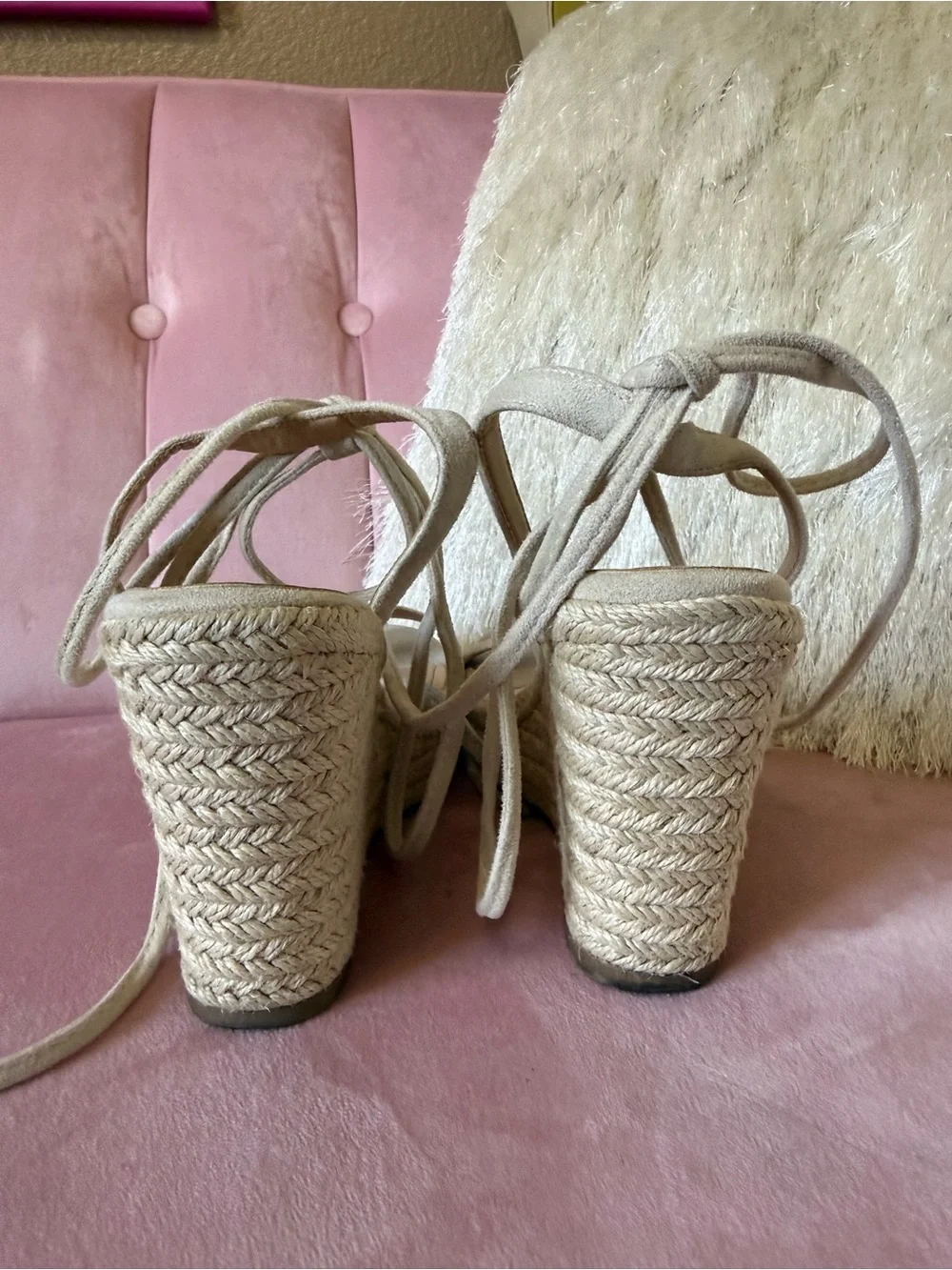 Lace-Up Espadrille Wedge Sandals - Neutral Beige Size 7.5